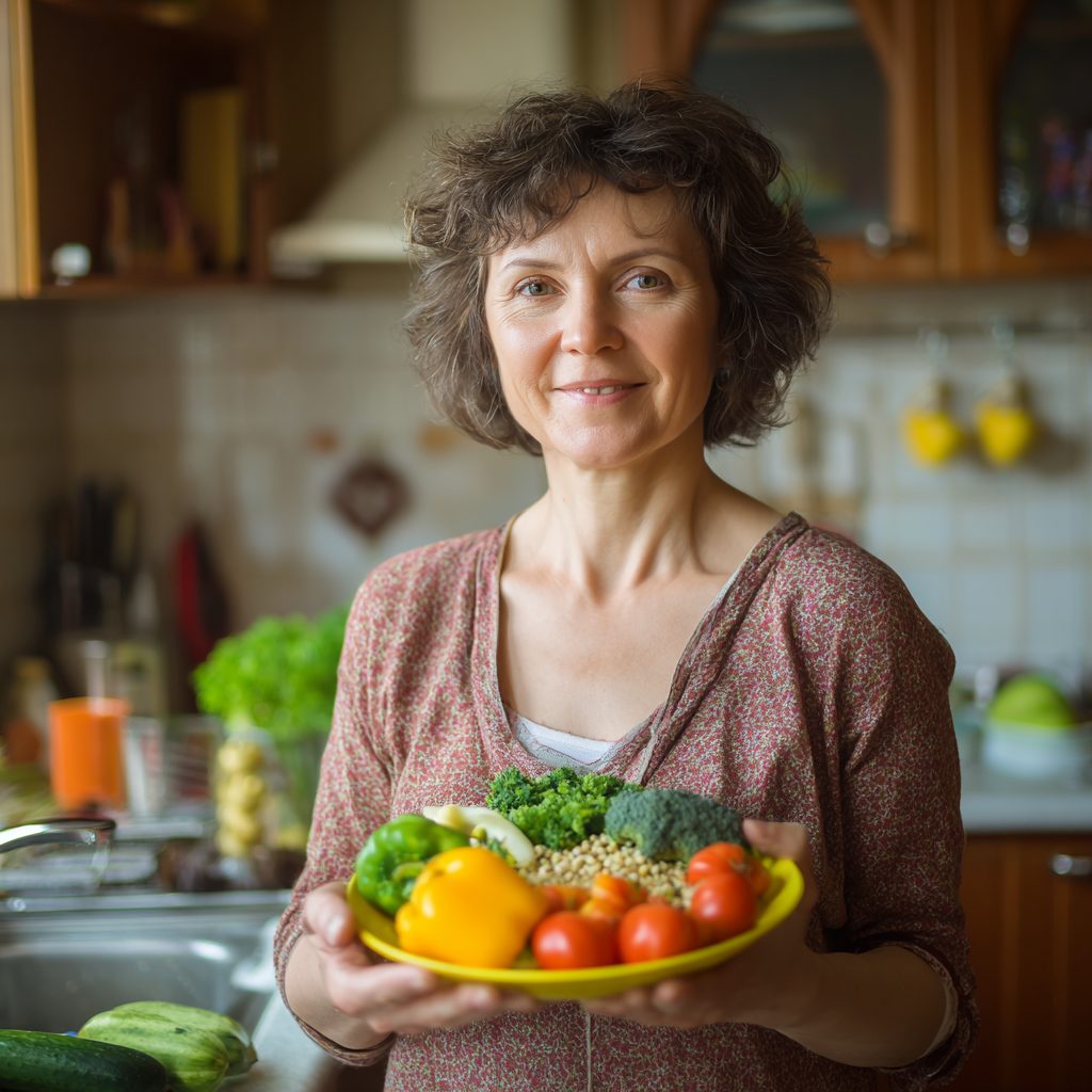 Happy middle-aged Ukrainian woman preparing healthy meal in modern kitchen, smiling while chopping colorful vegetables