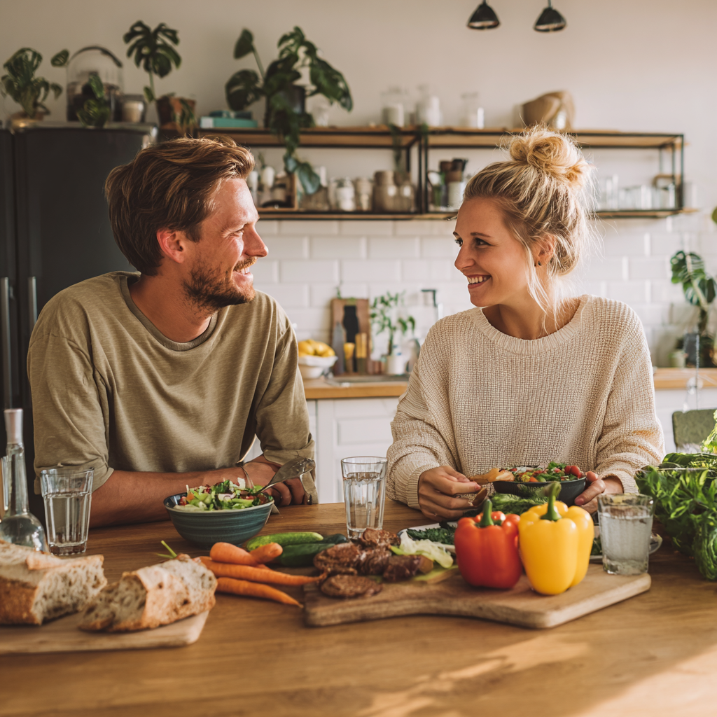 Elderly Ukrainian couple enjoying healthy breakfast together at home, both smiling and looking energetic
